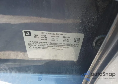 2015 Chevrolet Malibu 1Lt z USA, uszkodzony, nr VIN 1G11C5SLXFF336320